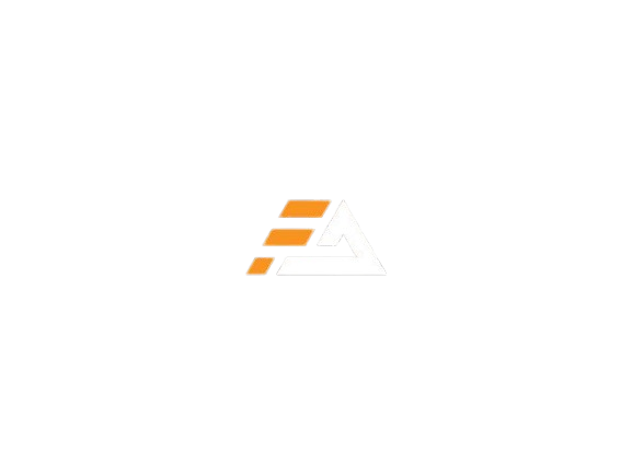 An abstract, modern logo on a solid black background. The design combines two parts: the left side consists of three stacked, parallel, orange dash marks of decreasing length, suggesting the letters "E" or "F" and motion; the right side is a bold, white, outlined triangle resembling the letter "A". The orange elements connect to the base of the white triangle.