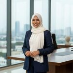 A close-up shot of a person's hand typing on a silver laptop keyboard, with a business growth chart labeled "Meta-Ads growth" displayed on the screen. The chart shows a rising red line graph over yellow and orange bar graphs. Various digital elements and pop-up windows float above the laptop, featuring abstract logos and text related to online advertising and social media, including a prominent "M" logo. The desk also features an open notebook, a pen, and eyeglasses